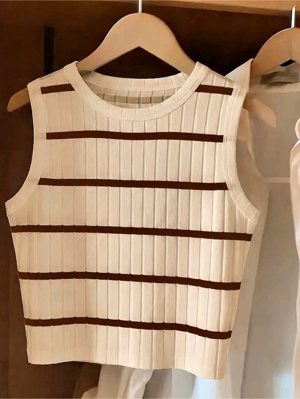 Striped Sleeveless Tank in Cream & Brown Like New